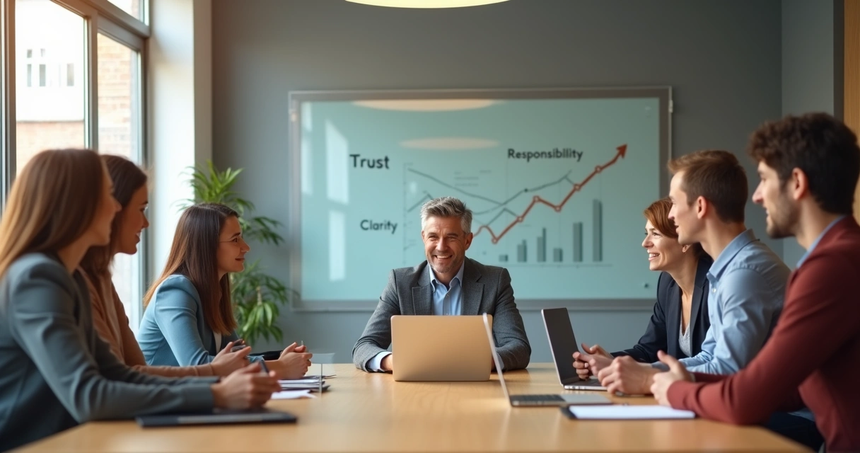 Líder em reunião escutando a equipe com expressão atenta e ambiente de trabalho moderno 