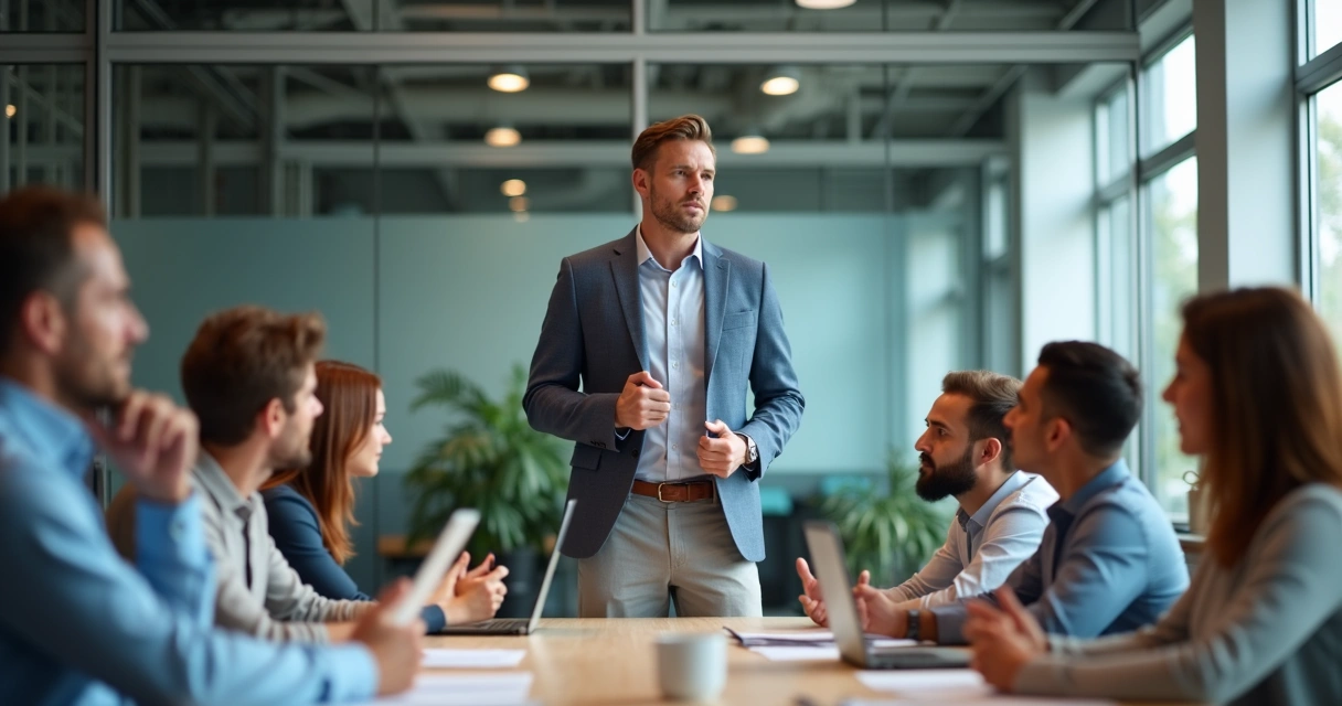 Líder orientando equipe em reunião no escritório 