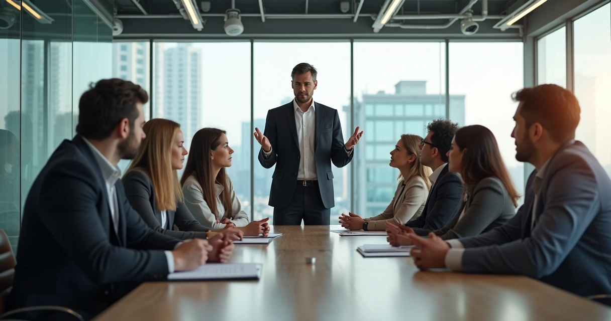 Líder reunido com equipe em ambiente de trabalho moderno 