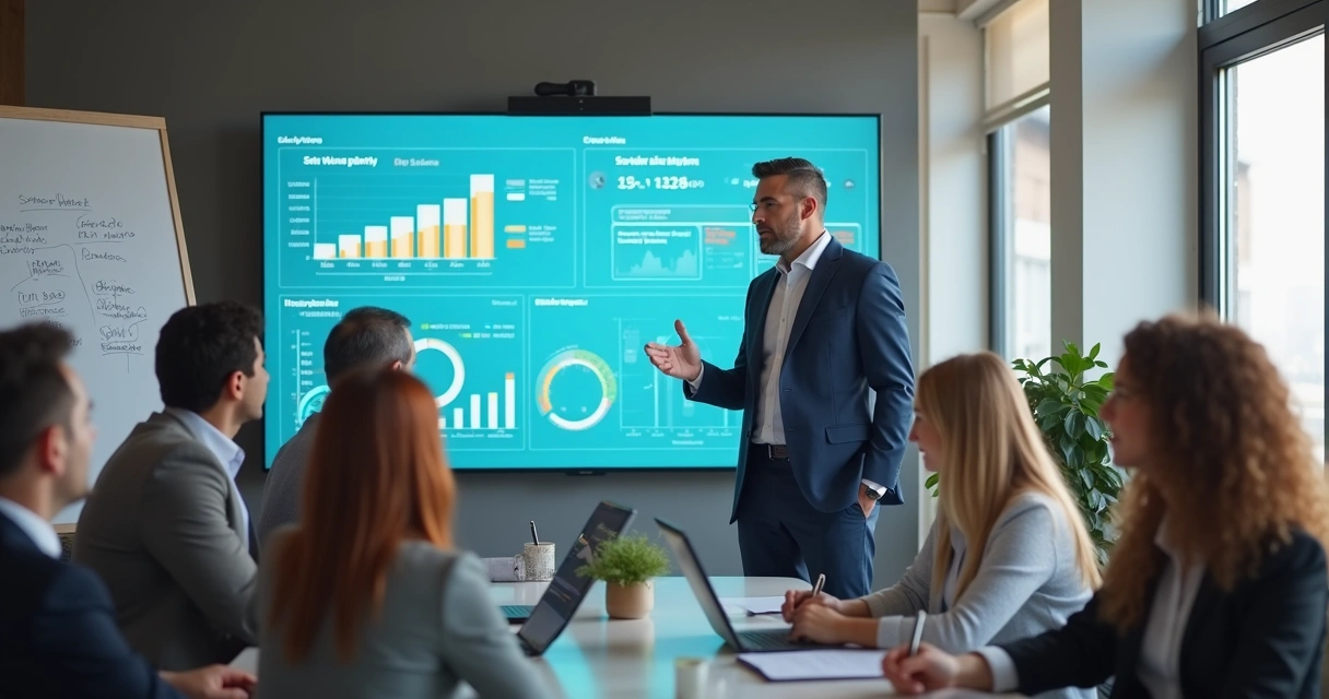 Líder apresenta resultados de vendas usando gráficos em reunião de equipe 