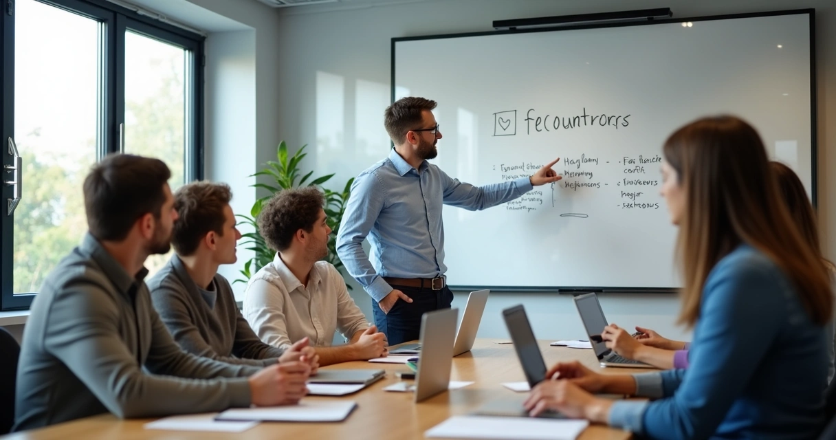 Líder e equipe em reunião com quadro branco 