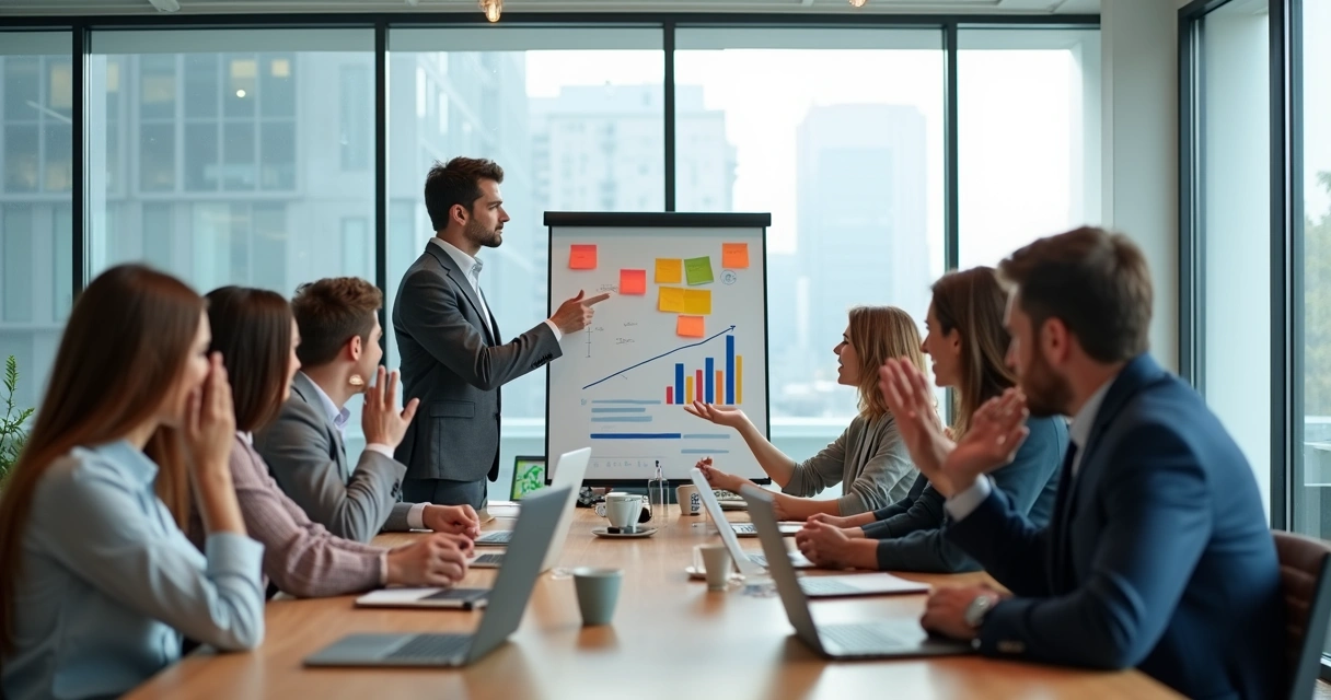 Líder conduzindo reunião participativa com equipe em sala de reunião moderna 