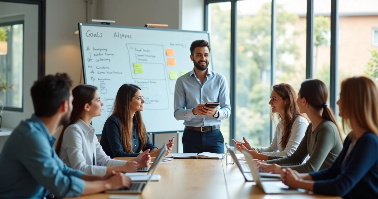 Líder conduzindo reunião diária com equipe em escritório moderno 