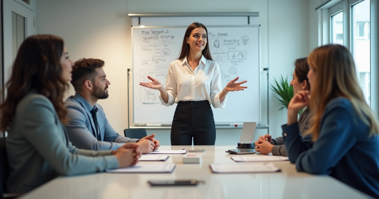Gestora liderando reunião de equipe com expressão inspiradora 