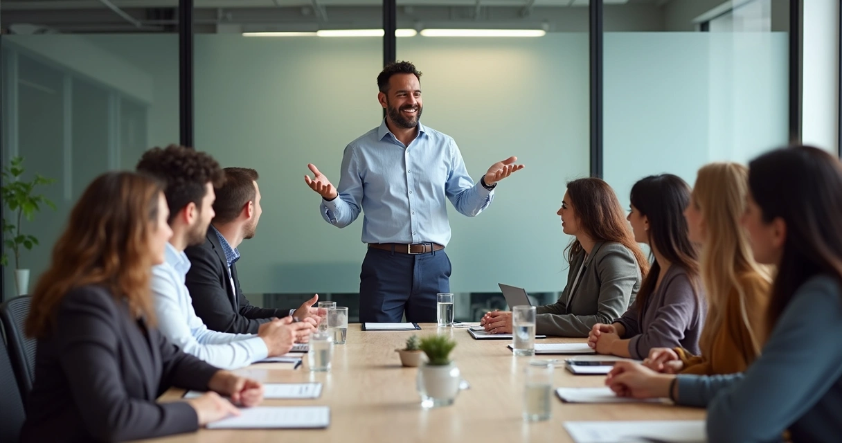 Líder conversando com equipe em reunião motivada, todos atentos ao redor de mesa 