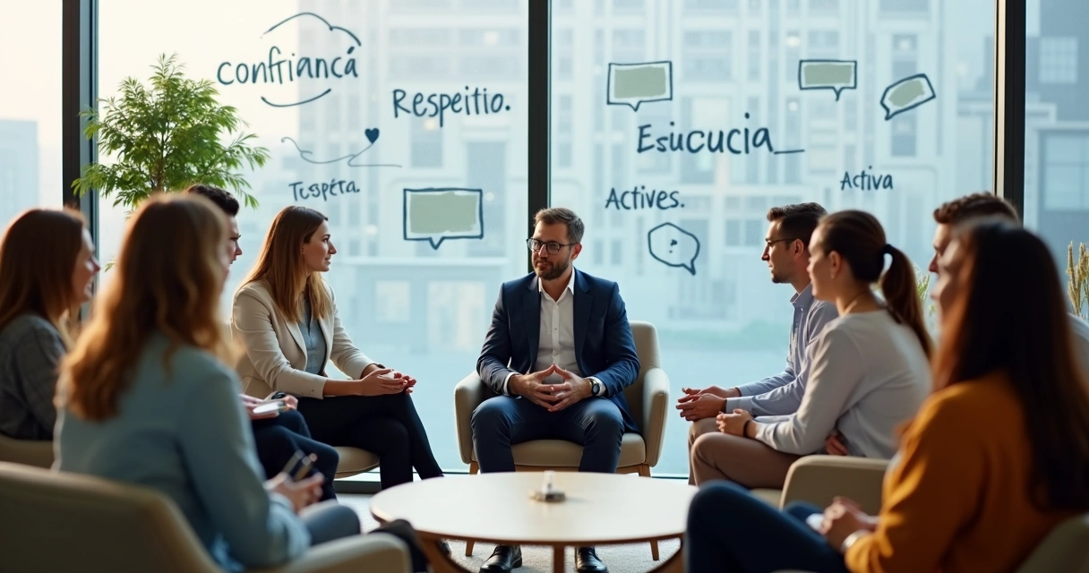 Líder sentado em roda com equipe diversa em conversa aberta no escritório 