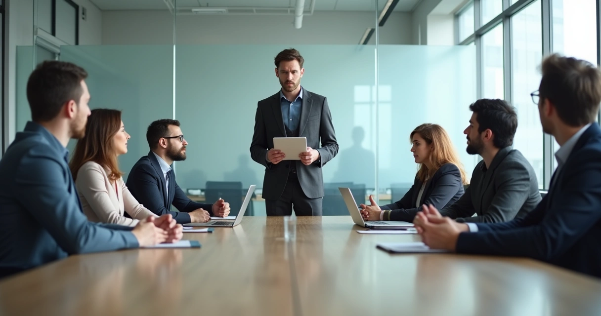 Líder em reunião com equipe demonstrando falta de confiança do grupo 