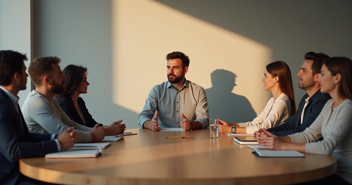 Líder e equipe ao redor de mesa redonda com sombras desproporcionais na parede 