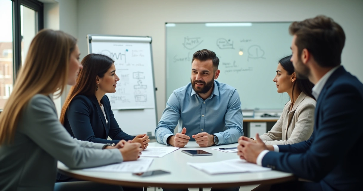 Líder em reunião com equipe diversa, ambiente de trabalho harmonioso, expressão de confiança 