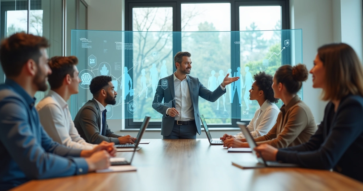 Líder guiando equipe em mesa de reunião com gráficos de desempenho humano ao fundo 