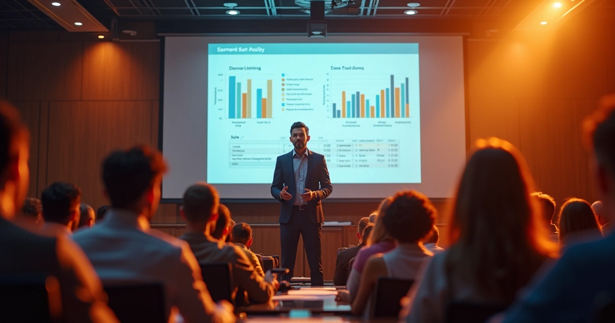 Palestra de líder de vendas para equipe atenta em auditório grande. 