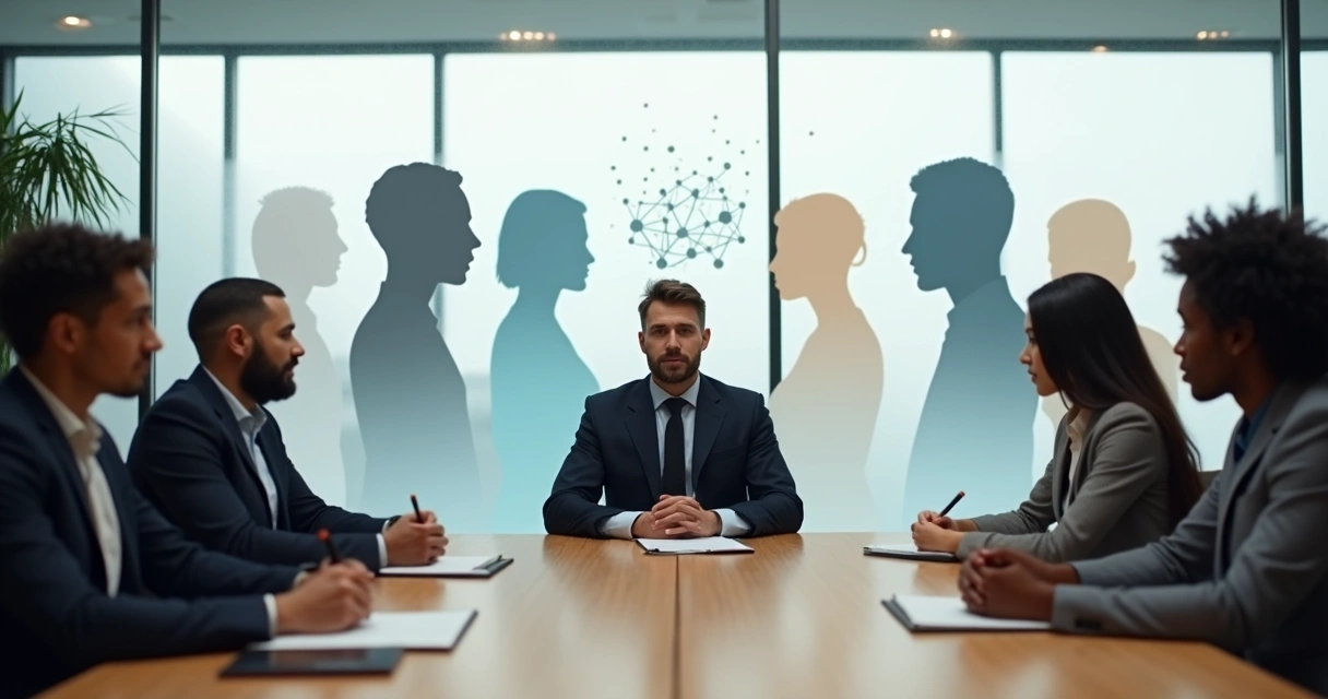 Líder em reunião com equipe diante de silhuetas sombreadas representando vieses inconscientes 