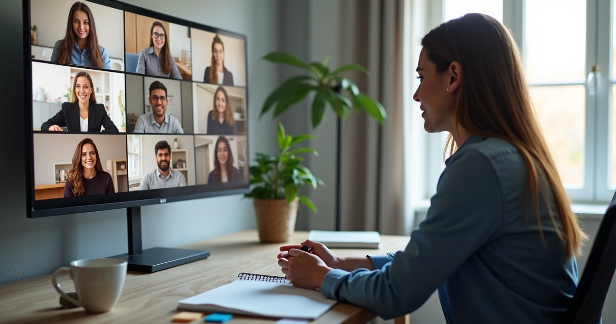 Líder de equipe em reunião virtual discutindo com colegas na tela 