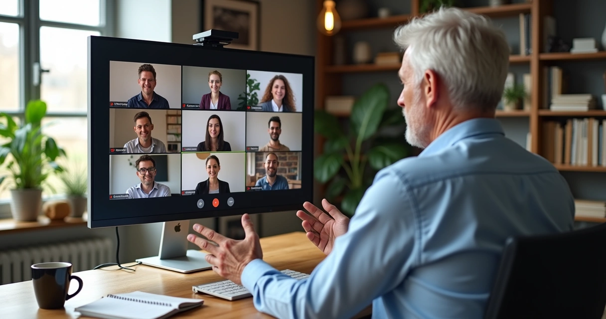 Líder em videoconferência guiando equipe virtual com postura acolhedora 