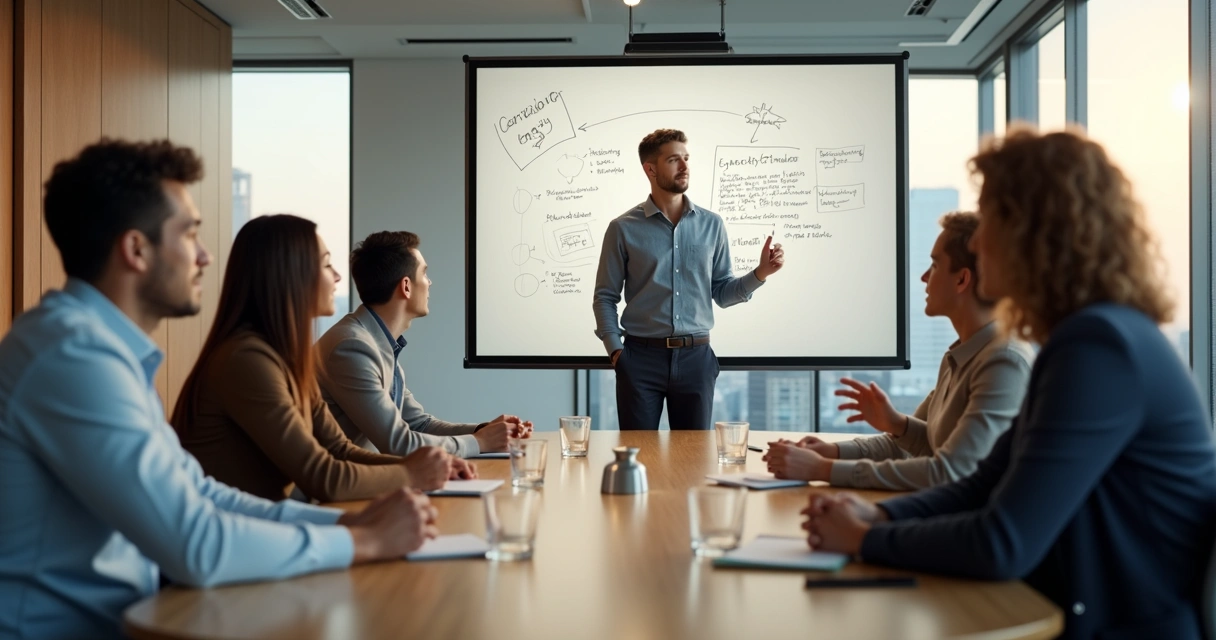 Líder compartilhando desafios com equipe em reunião 