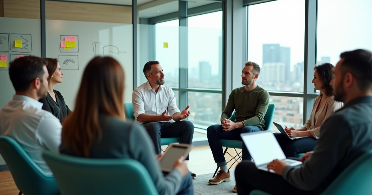 Líder sentado em círculo com equipe compartilhando vulnerabilidades em reunião tranquila 
