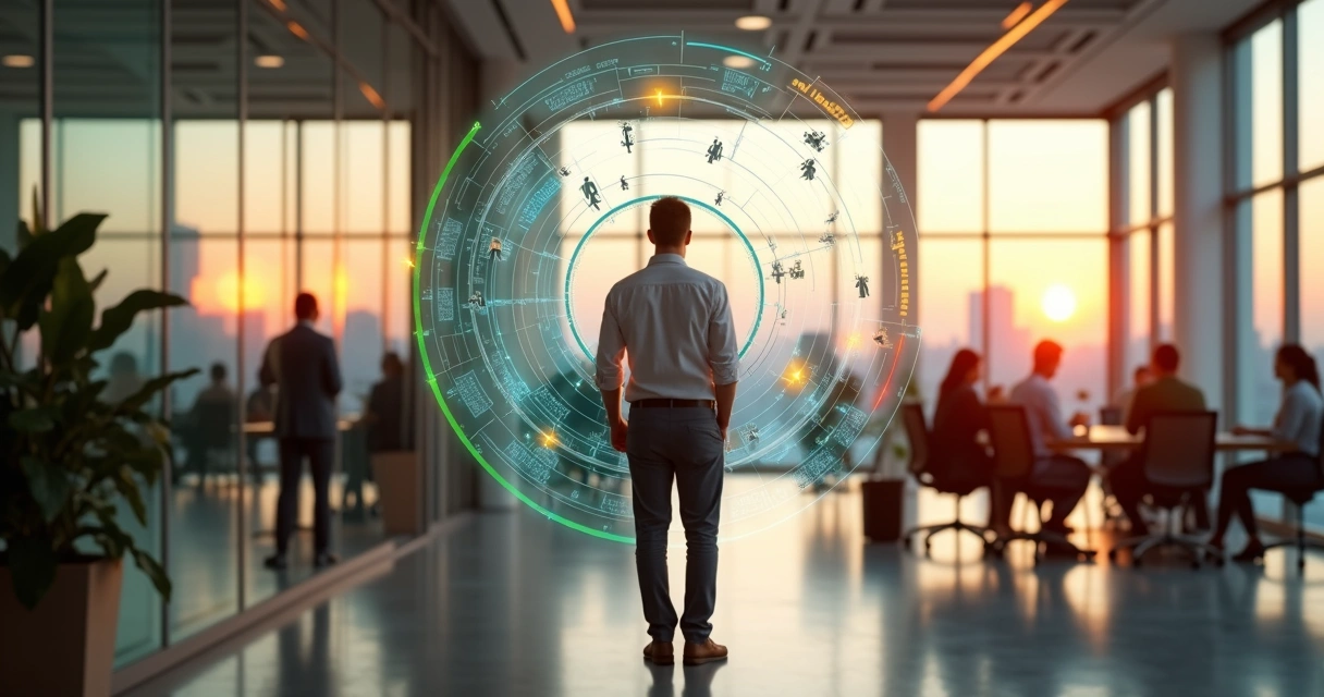 Líder observa un panel circular de feedback 360 con equipos conectados 
