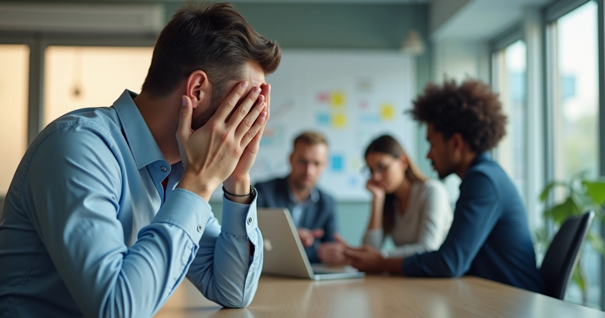 Líder sentado con equipo al fondo mostrando desgaste emocional en oficina moderna 