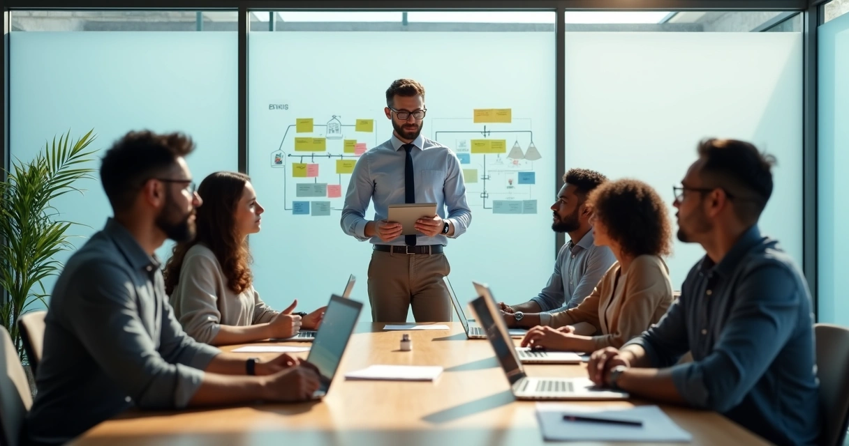 Líder de equipo en reunión enfrentando dilemas éticos con su equipo moderno 