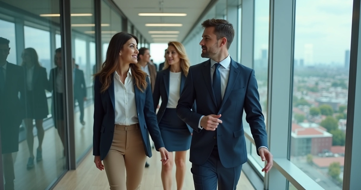 Líder caminando con equipo en pasillo de oficina 