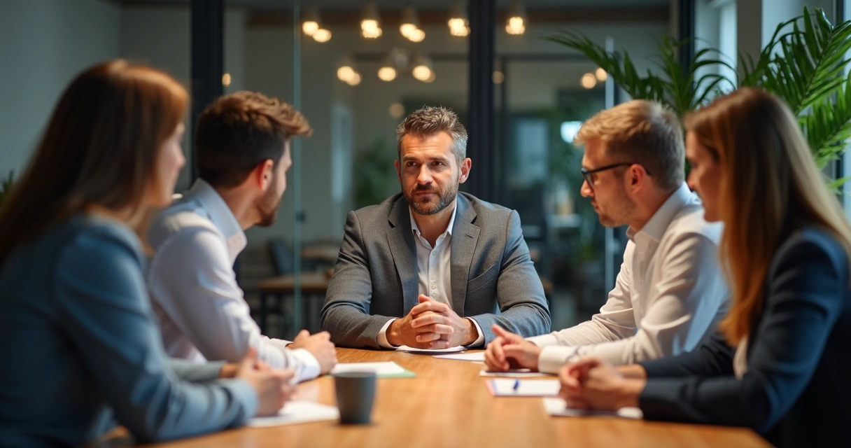 Líder de equipo escuchando a su equipo durante una reunión, todos sentados en una sala moderna 