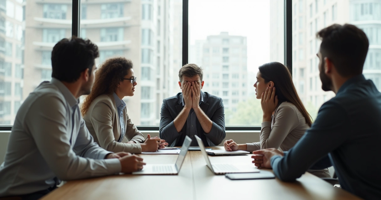 Líder de equipo cubriéndose la cara con las manos mientras el equipo espera respuestas en la sala de reuniones 