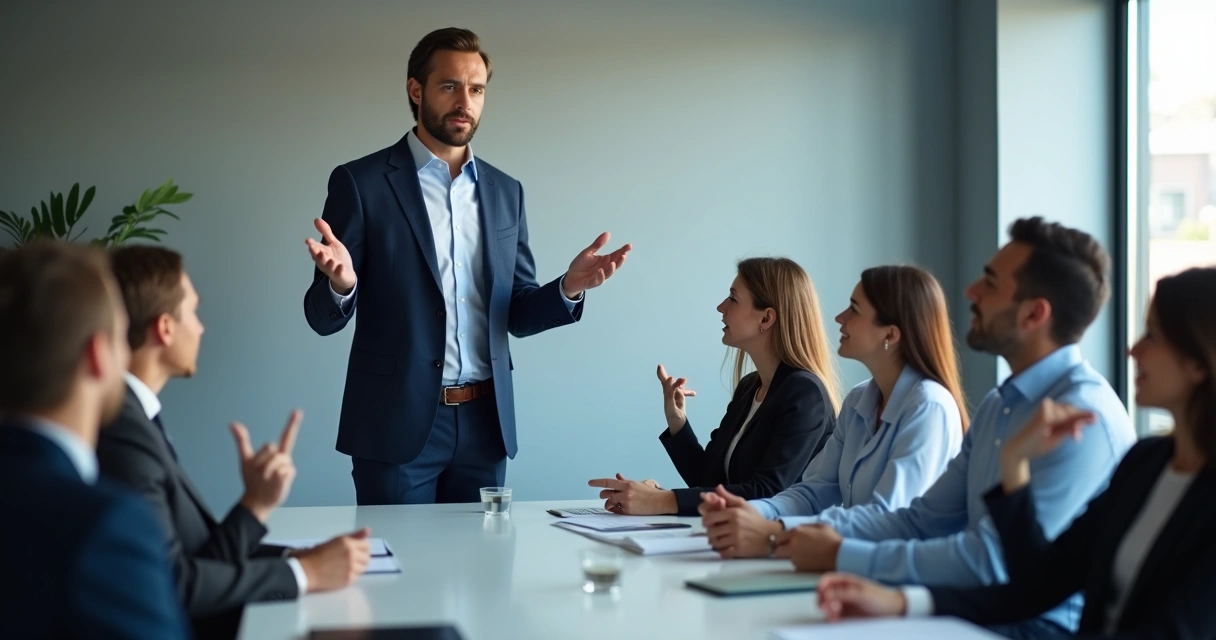 Un líder hablando frente a un equipo, usando gestos de manos y contacto visual, mientras el equipo lo observa atento. 