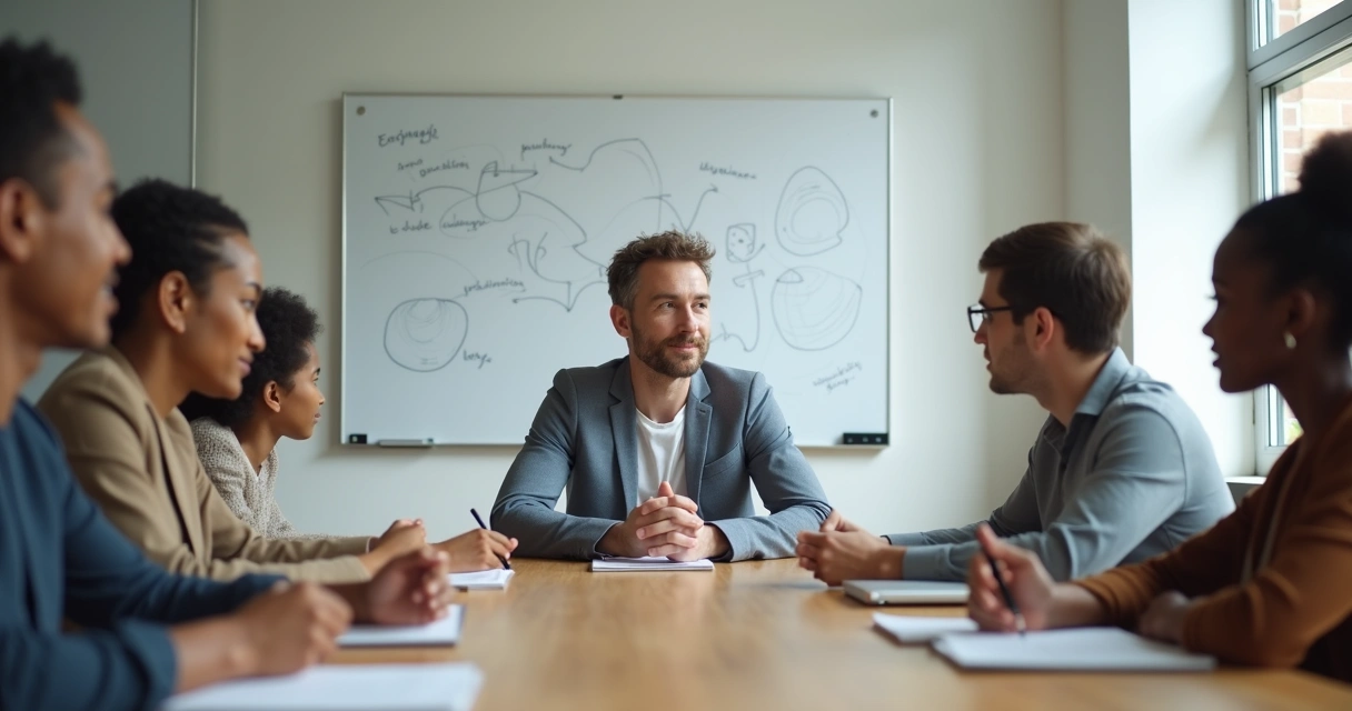 Líder calmado guiando a su equipo en una reunión tranquila y colaborativa 