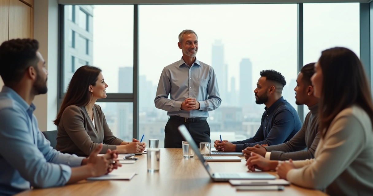 Líder sereno guiando a su equipo en una sala de reuniones luminosa 
