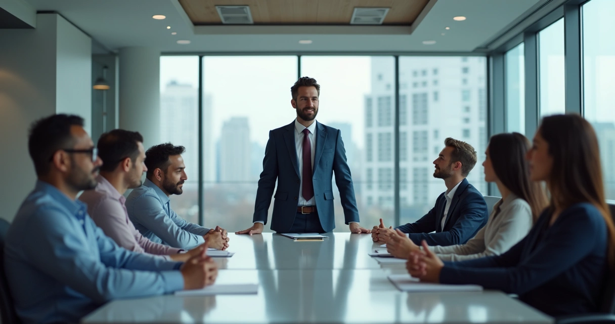 Líder manteniendo la calma junto a su equipo en una sala de reuniones 