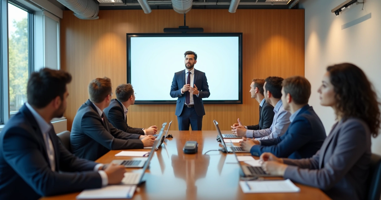 Líder guiando reunión con diversidad de personas en sala moderna 