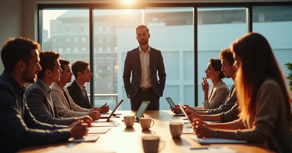 Líder guiando a su equipo durante una reunión, todos atentos. 