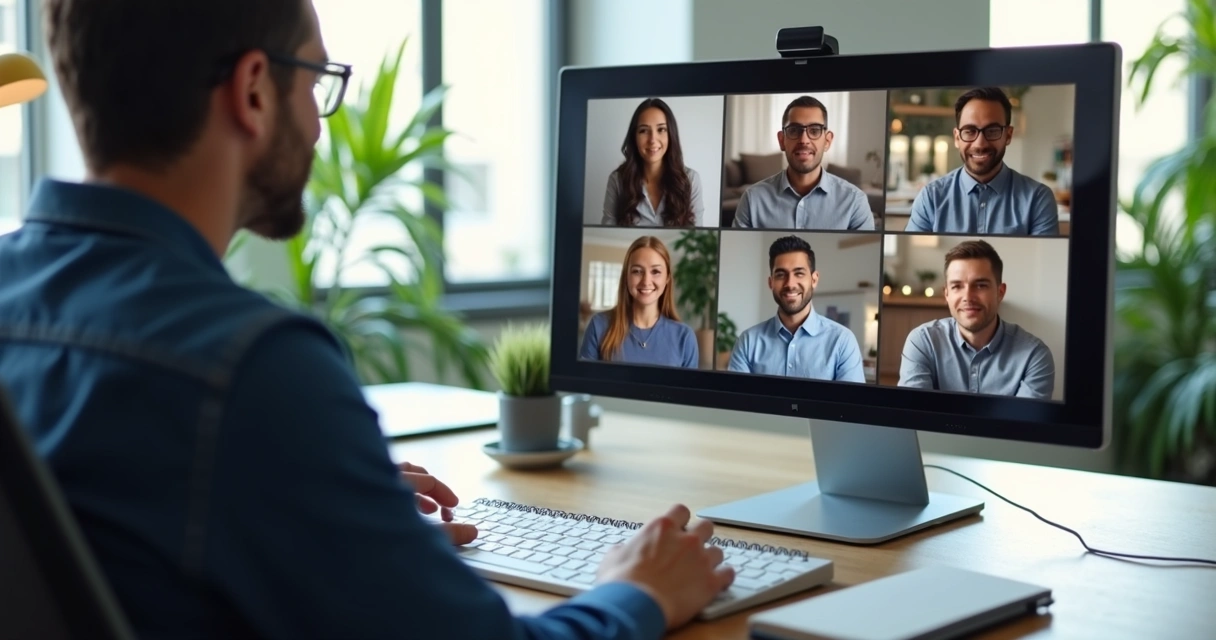 Líder guiando una videollamada con equipo remoto 