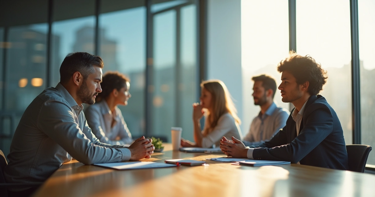 Persona reflexionando frente a un equipo en una sala de reuniones 