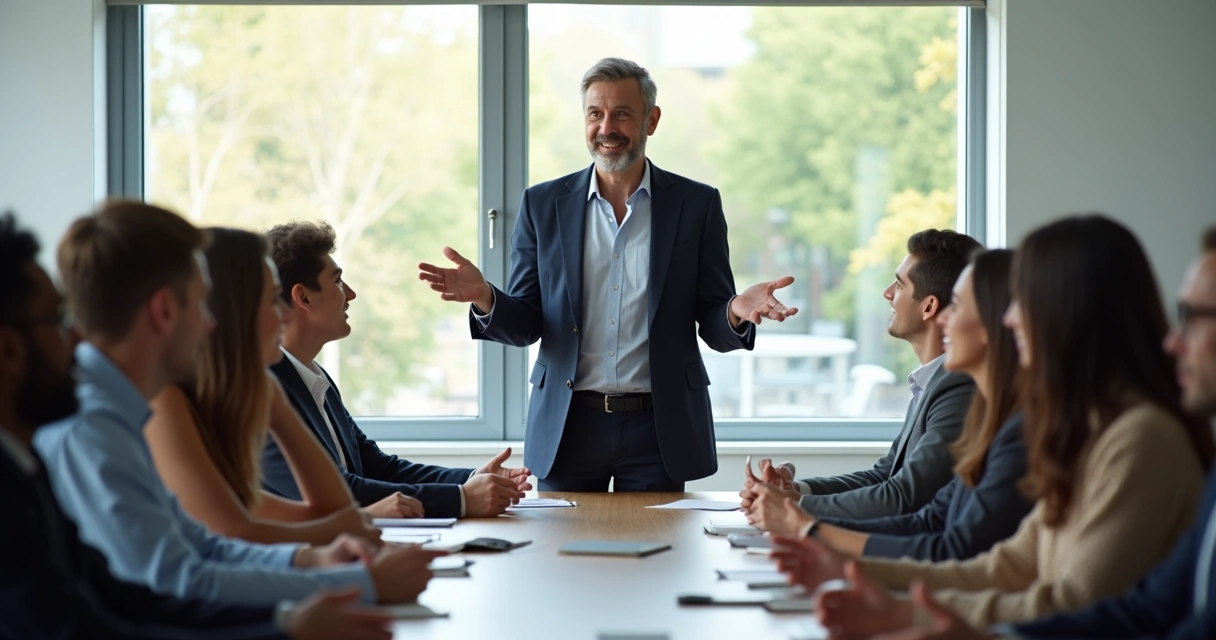 Líder hablando de forma honesta con su equipo en una sala luminosa, todos atentos