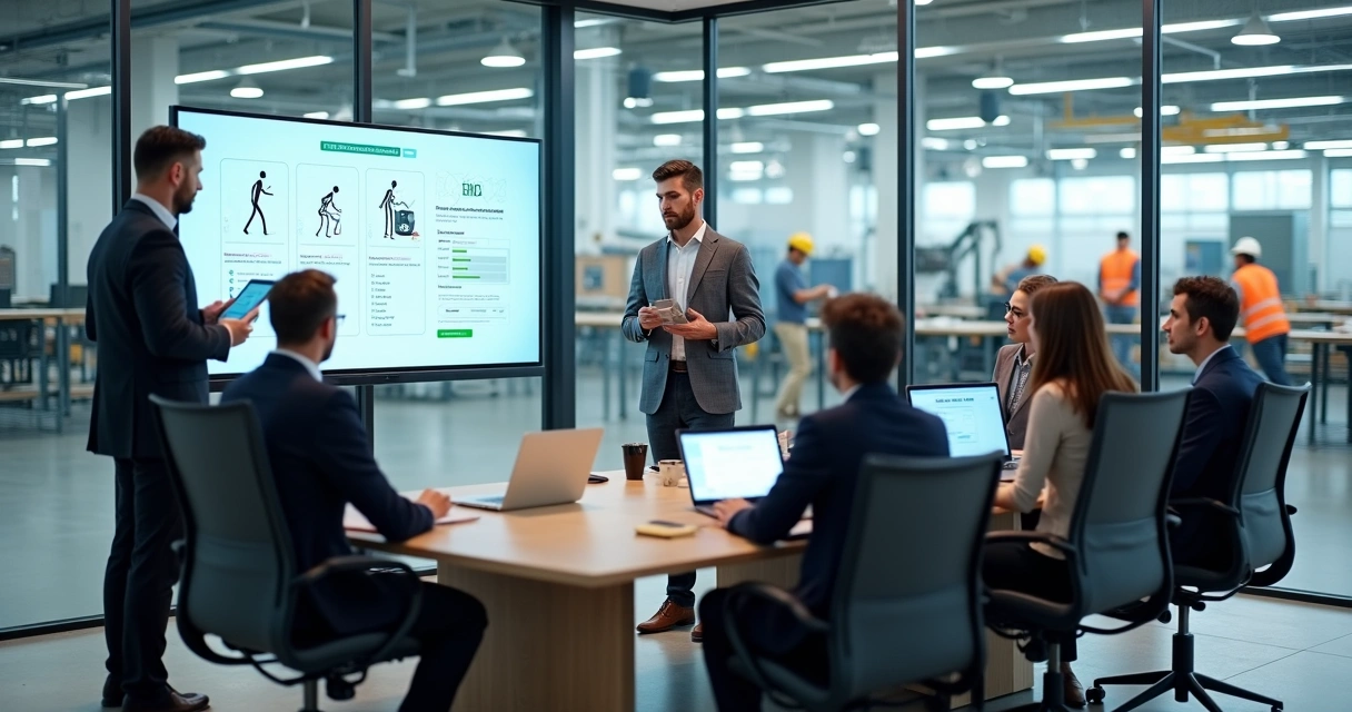 Líder orientando equipe sobre ergonomia em escritório moderno com área industrial ao fundo 