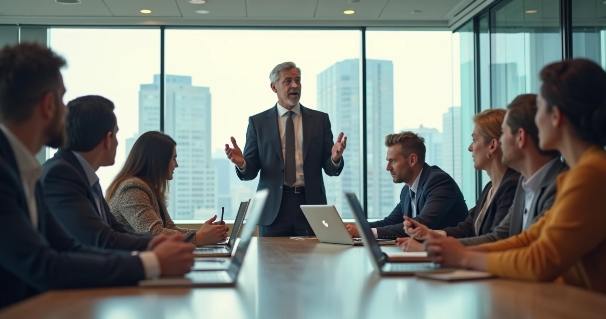 Líder em reunião falando enquanto equipe demonstra confusão na comunicação 