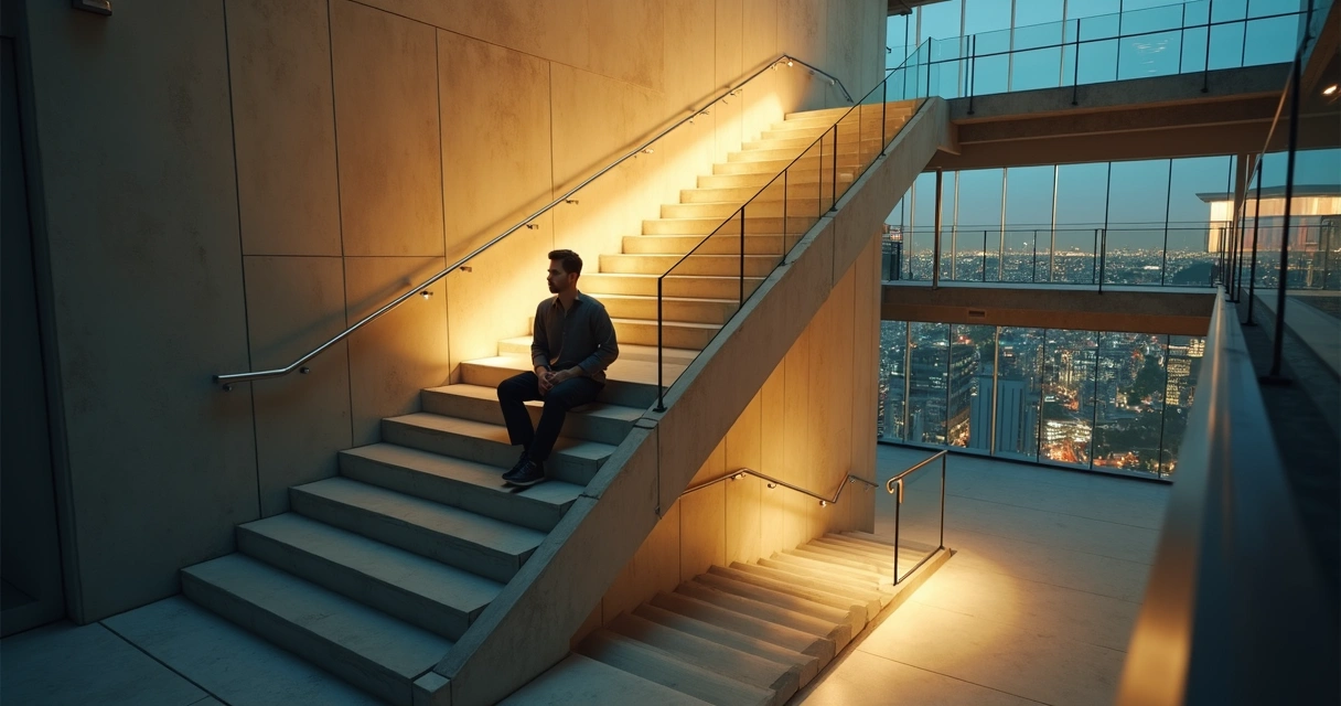Líder sentado em escada iluminada observando sombras ao redor 
