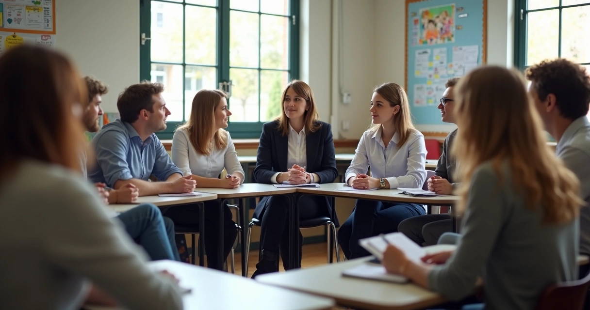 Líder escolar facilitando dinâmica em círculo com equipe 