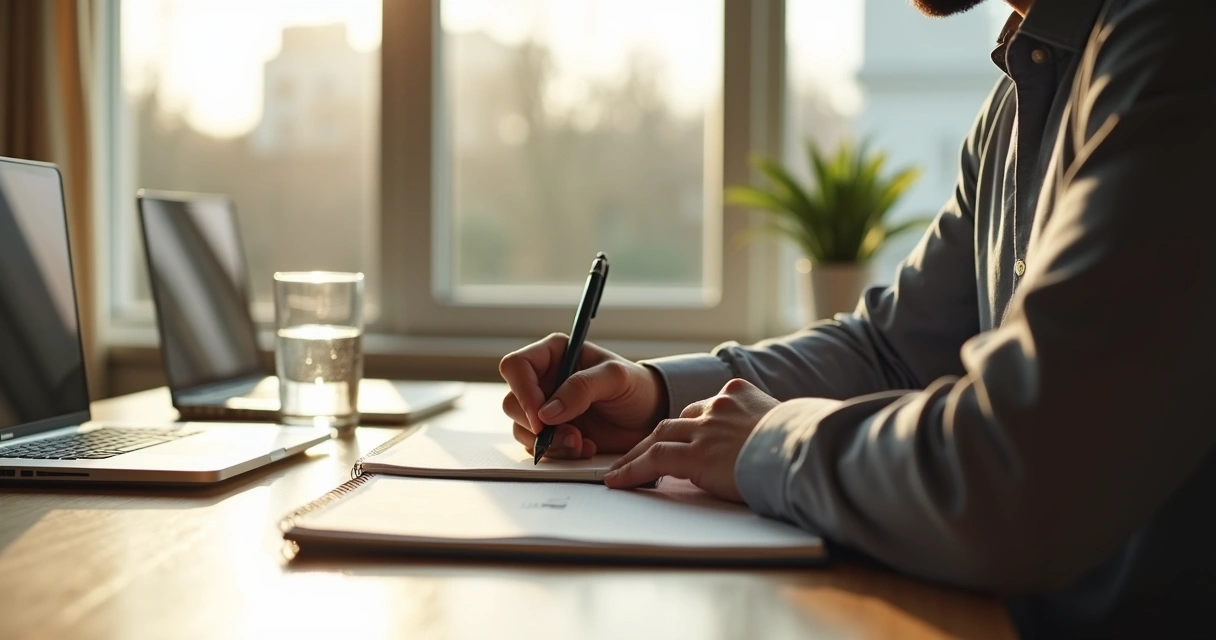 Líder escribiendo en un cuaderno junto a una ventana