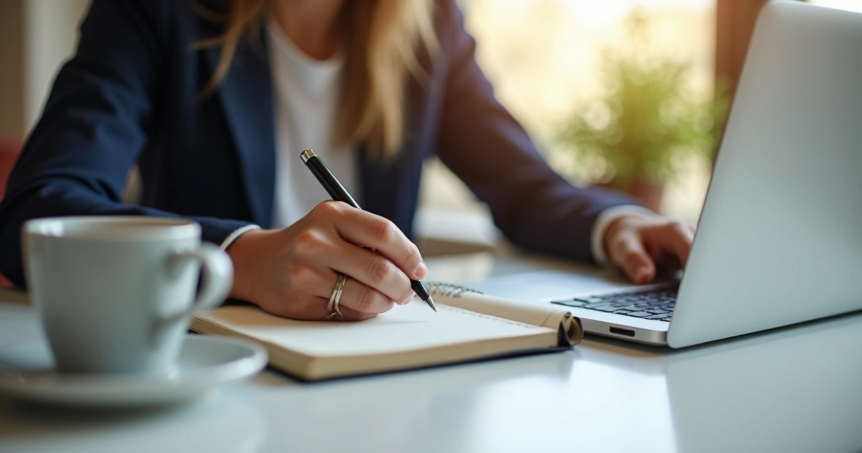 Líder remoto anotando en un diario en un escritorio moderno