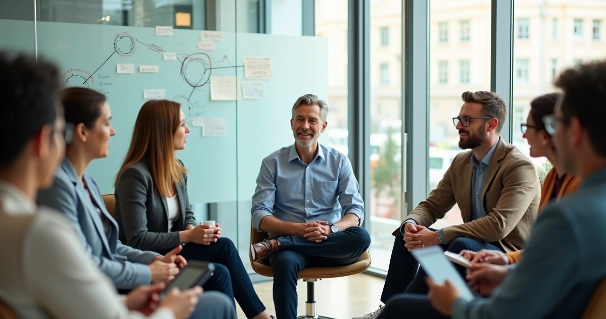 Líder escuchando atentamente a un equipo en círculo en una sala luminosa 