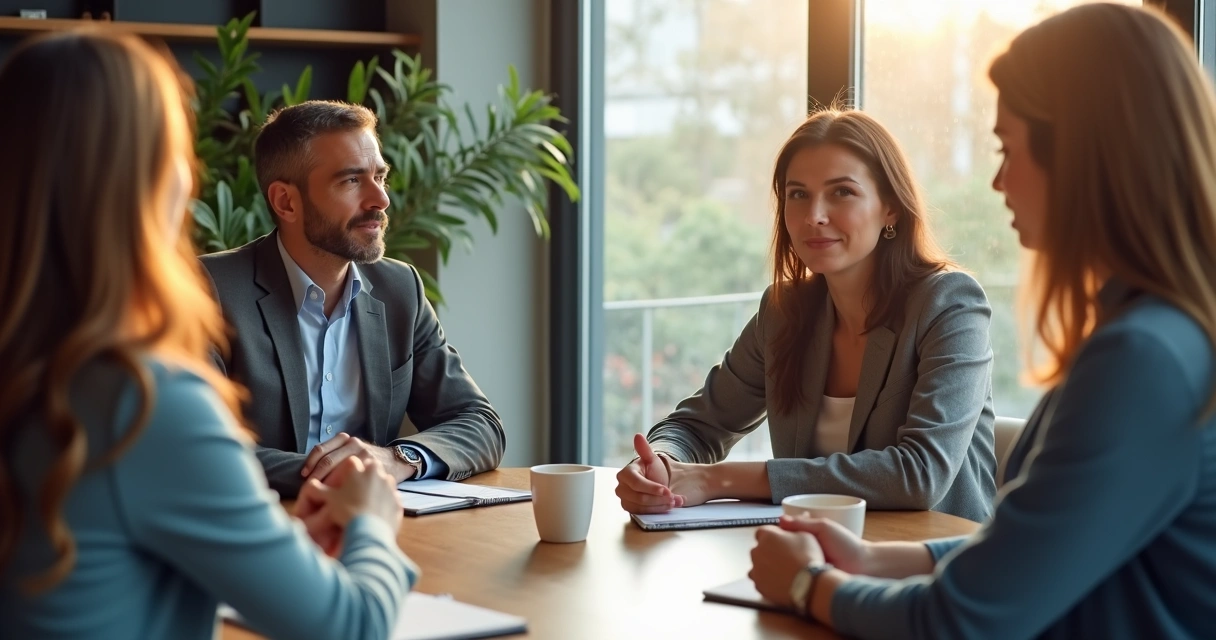 Líder escuchando a su equipo en conversación abierta