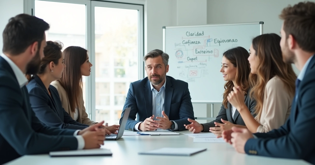 Líder escuchando con atención empática a su equipo en una reunión de trabajo 