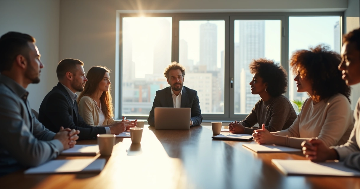 Líder escuchando a su equipo en una reunión 