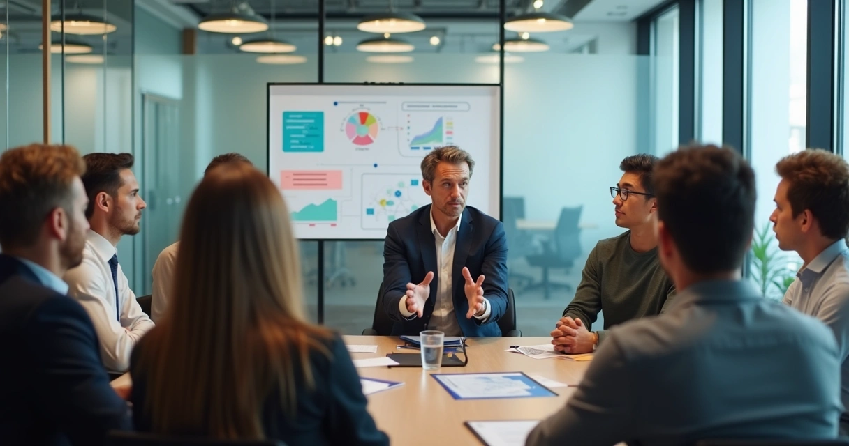 Líder escuchando activamente a su equipo en círculo, ambiente moderno. 