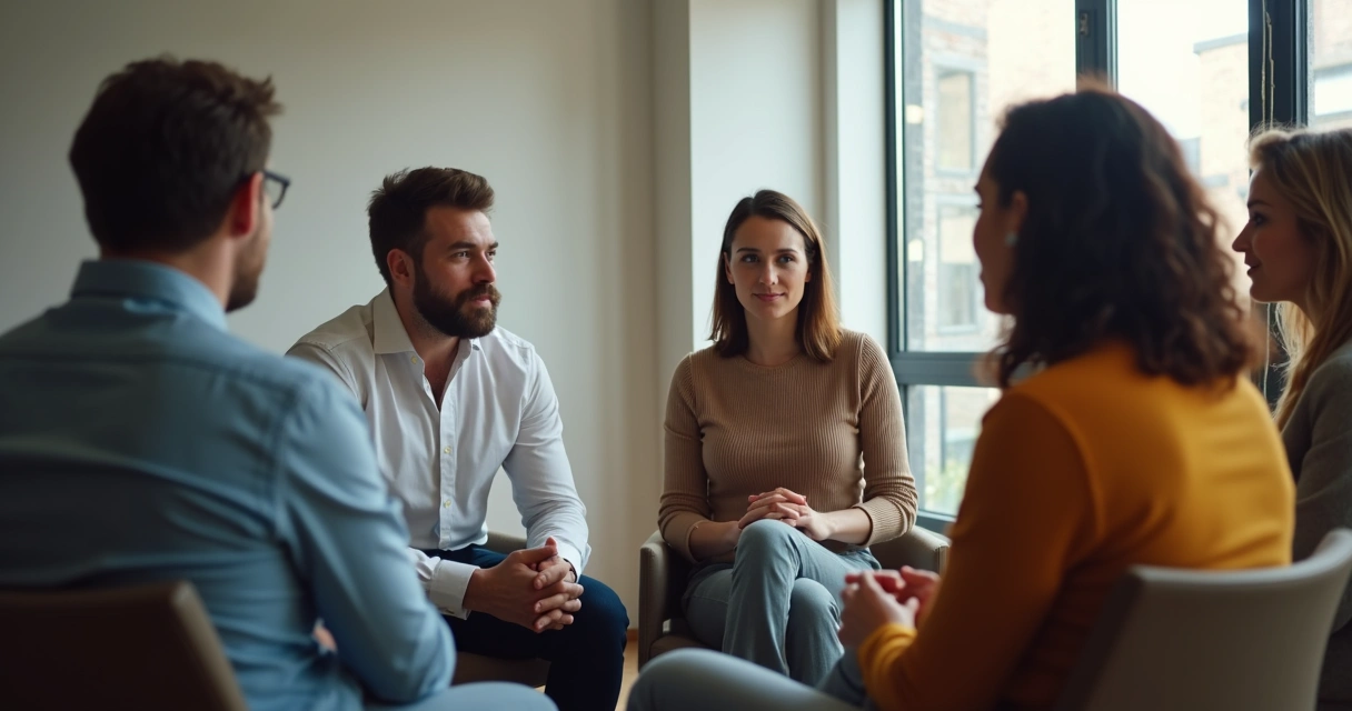 Líder sentado, escuchando atentamente a un equipo en círculo 