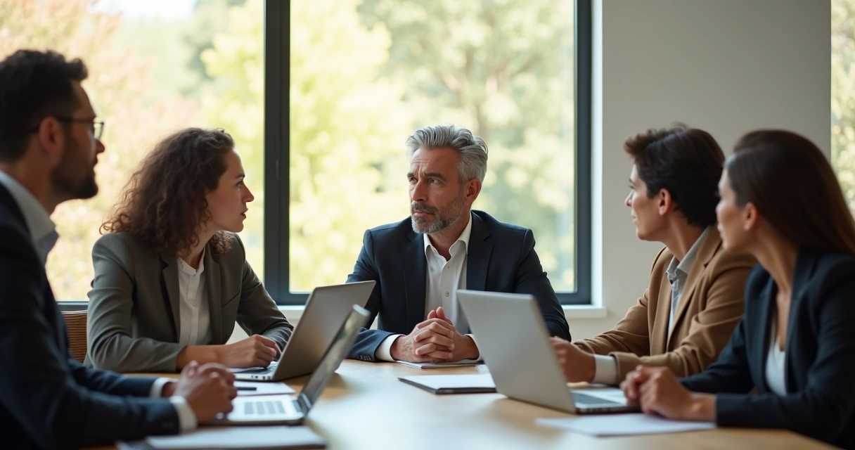 Líder escuchando a su equipo en una sala de reuniones moderna