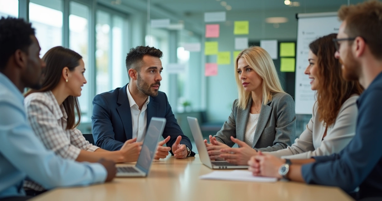 Líder escuchando atentamente a su equipo en una reunión de trabajo 