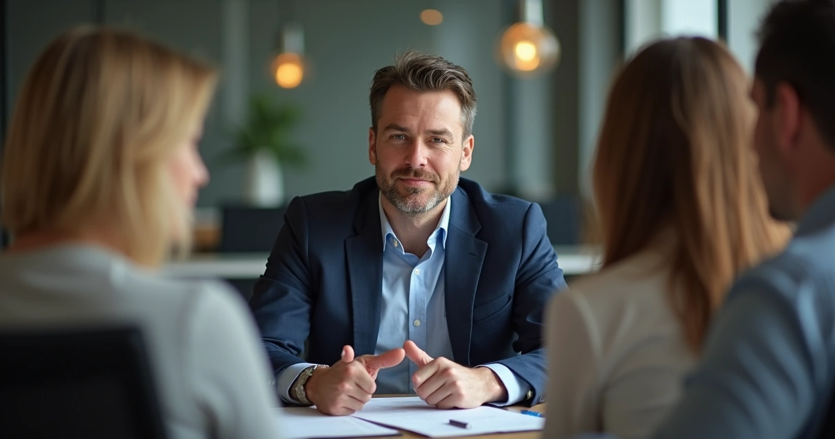 Líder escuchando retroalimentación en una sala de reuniones 